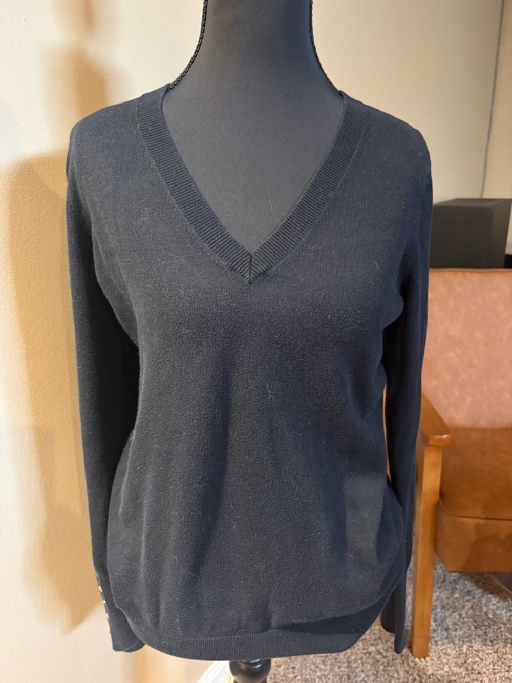 Boden Black V-Neck Sweater with Gold Button Sleeve Detail – Size M - Picture 2 of 7